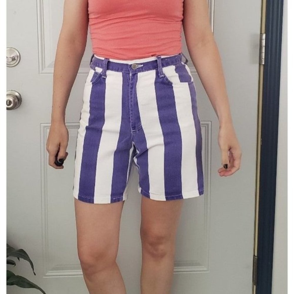 80s Purple and‎ White Striped High Waisted Shorts